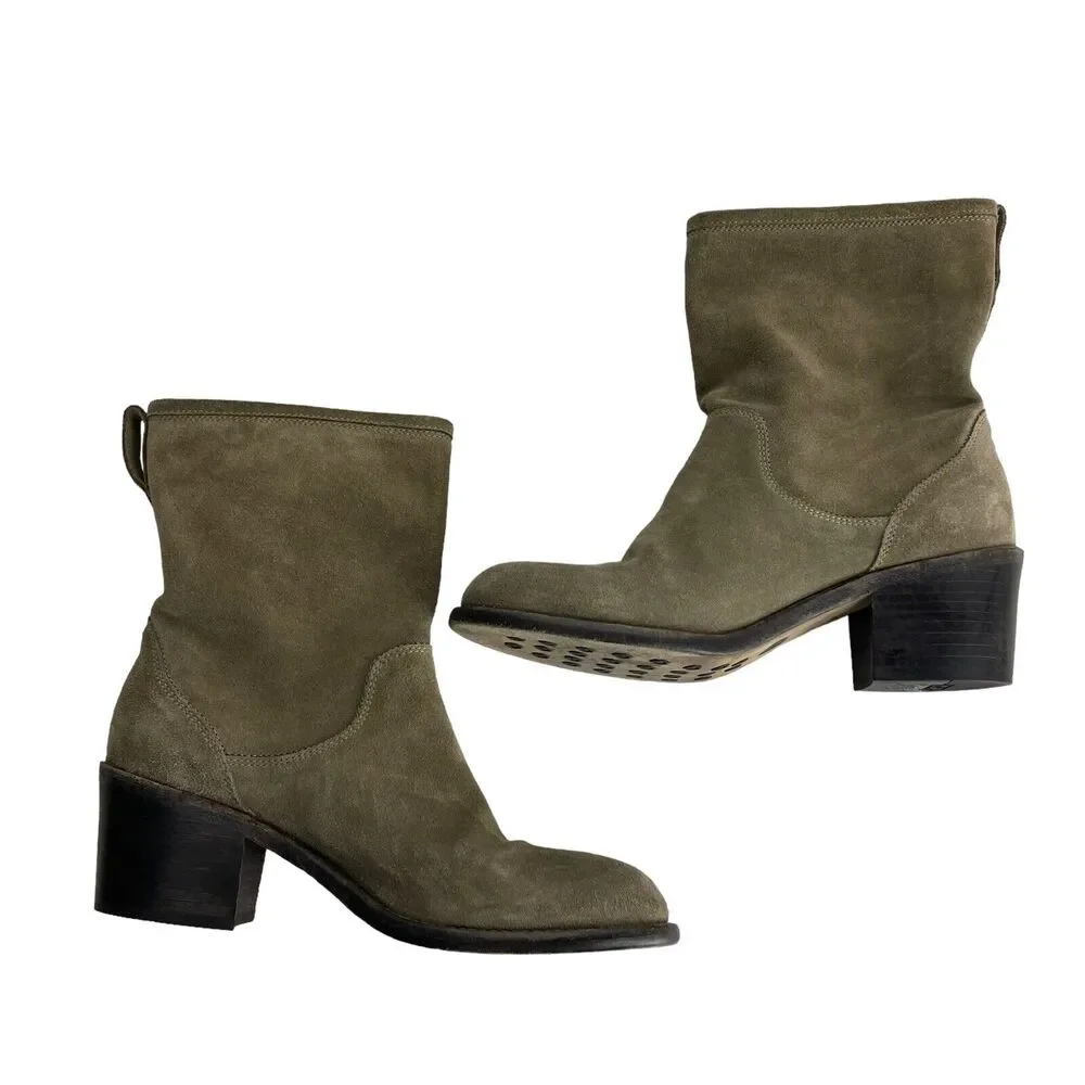 AGL ATTILIO GIUSTI LEOMBRUNI Taupe Tan Suede Ankle Chunky Heel Slouch Boots 37.5